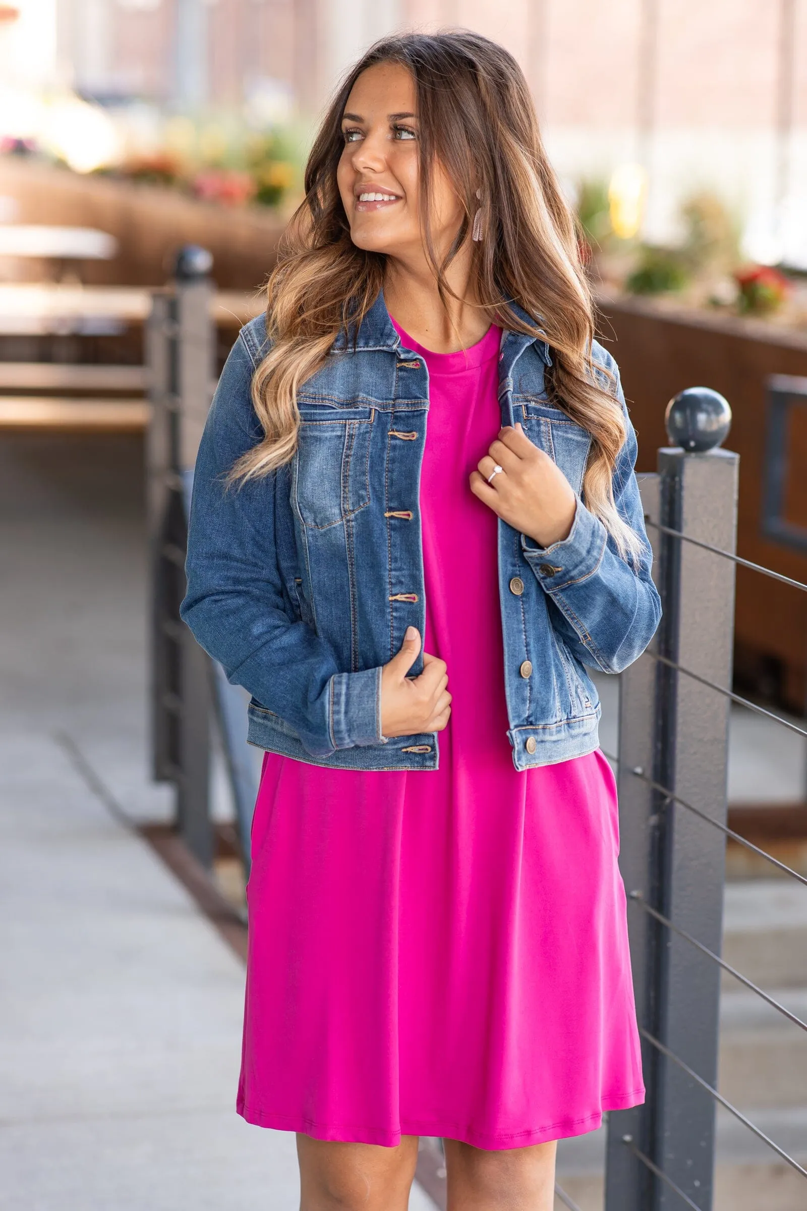 Fuchsia Knit T-Shirt Dress With Pockets