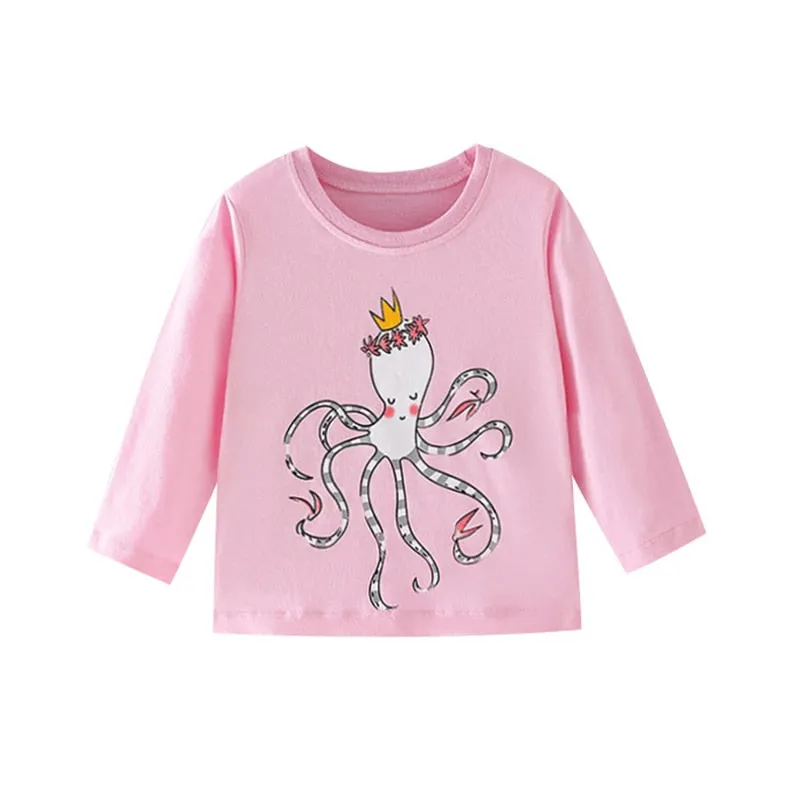 Girls Cartoon Print Long Sleeve Cotton Tops - Orange, Pink, Light Pink