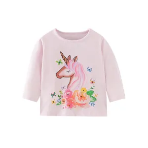 Girls Cartoon Print Long Sleeve Cotton Tops - Orange, Pink, Light Pink