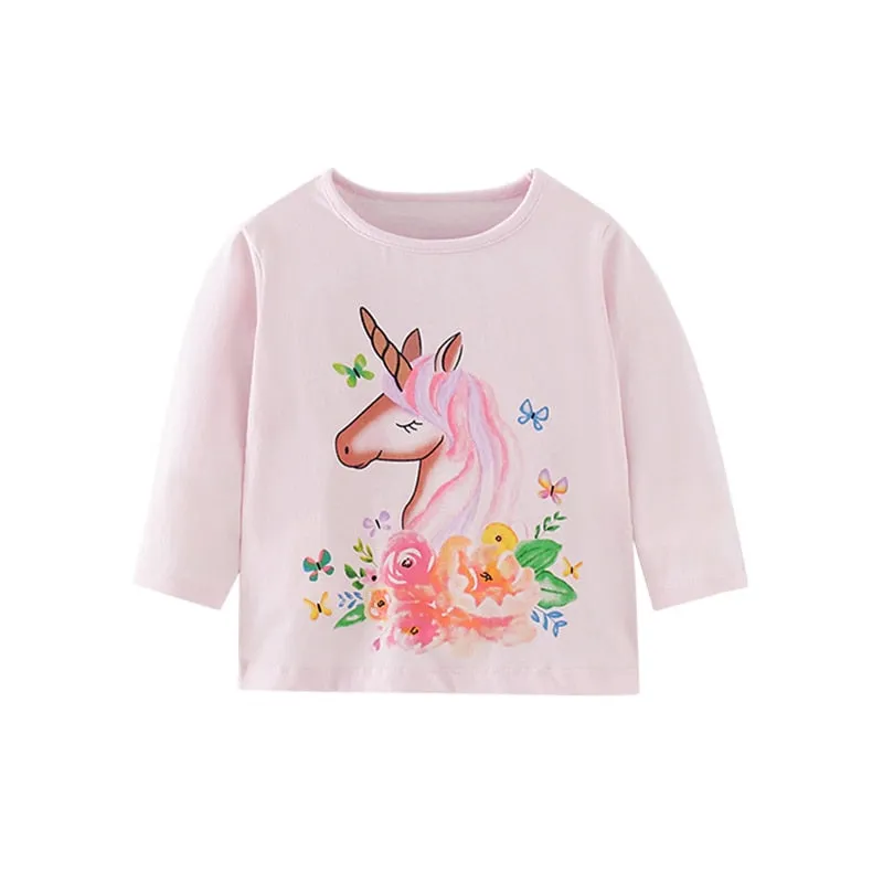 Girls Cartoon Print Long Sleeve Cotton Tops - Orange, Pink, Light Pink