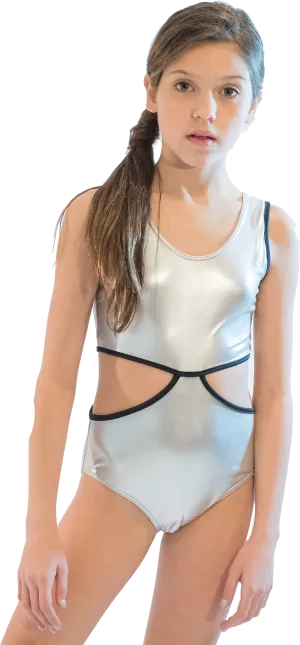 Girl's Silver Lame Monokini Bathing Suit