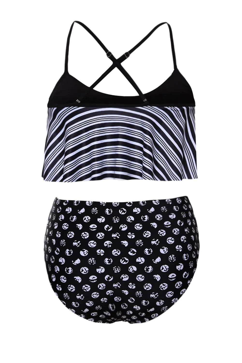 Glowing Top and Striped Bottom High Waist Swimwear