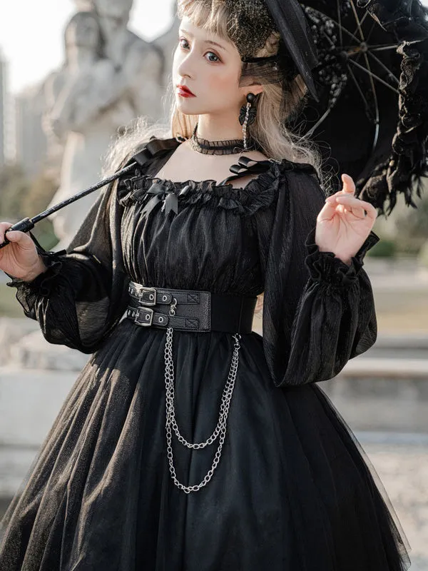 Gothic Lolita OP Dress Bows Long Sleeve Lace Ruffles Black Lolita One Piece Dress