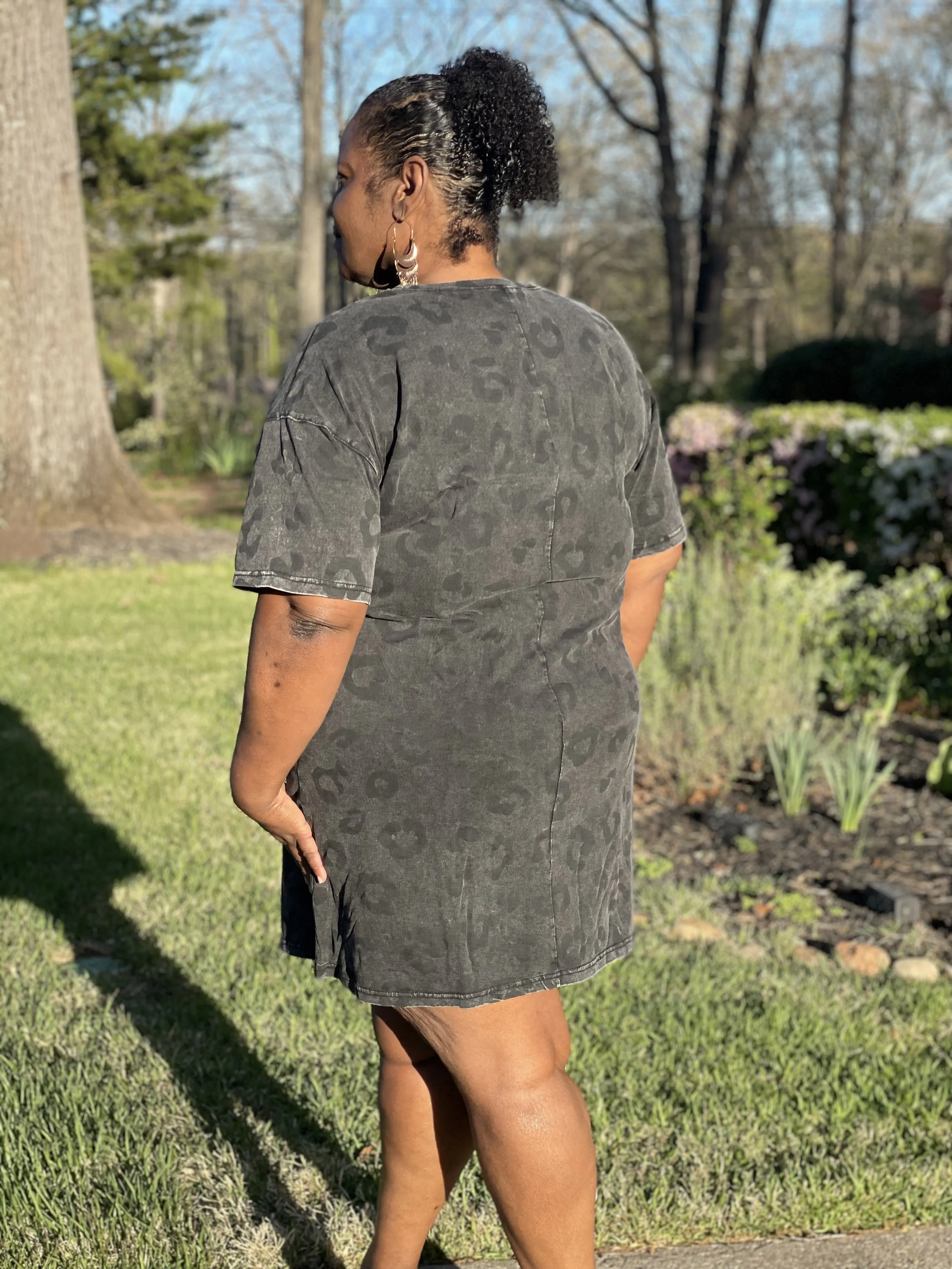 Gray Vintage Washed Leopard T-Shirt Dress with Pockets