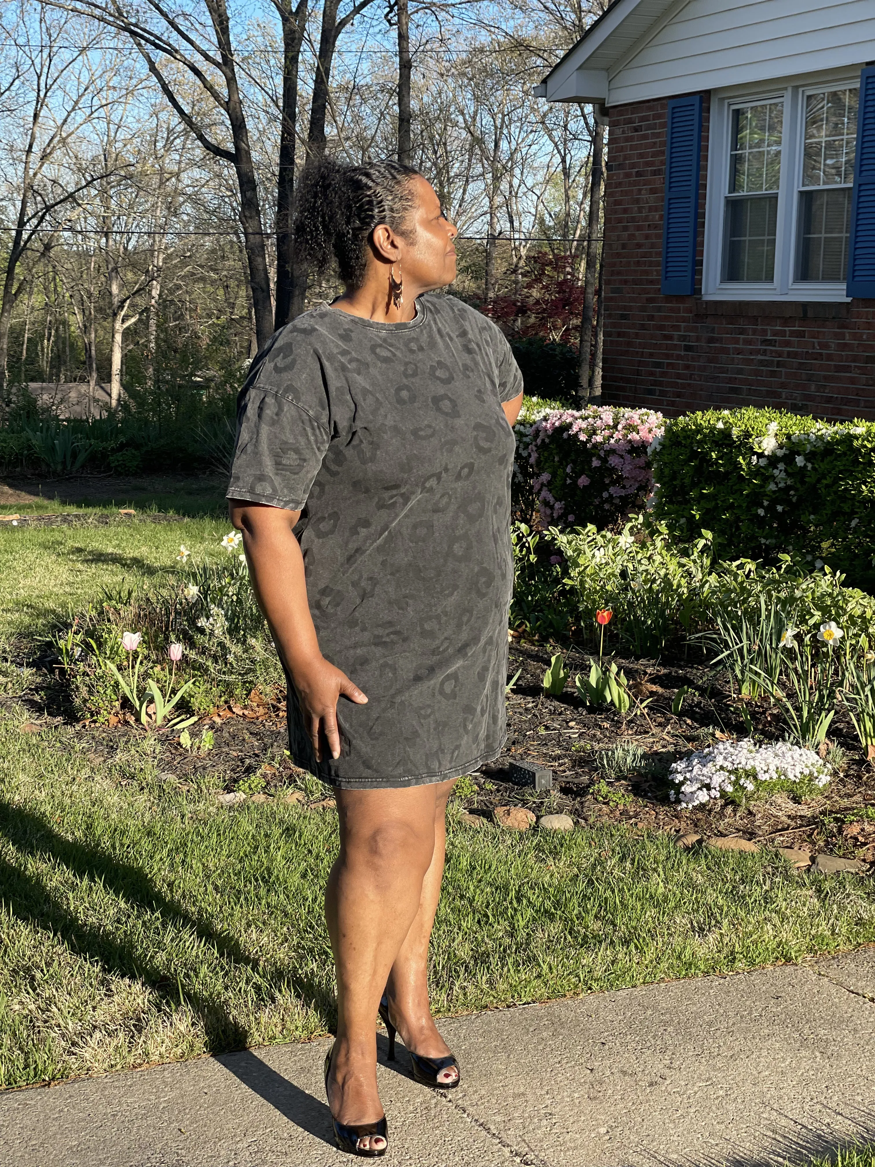 Gray Vintage Washed Leopard T-Shirt Dress with Pockets