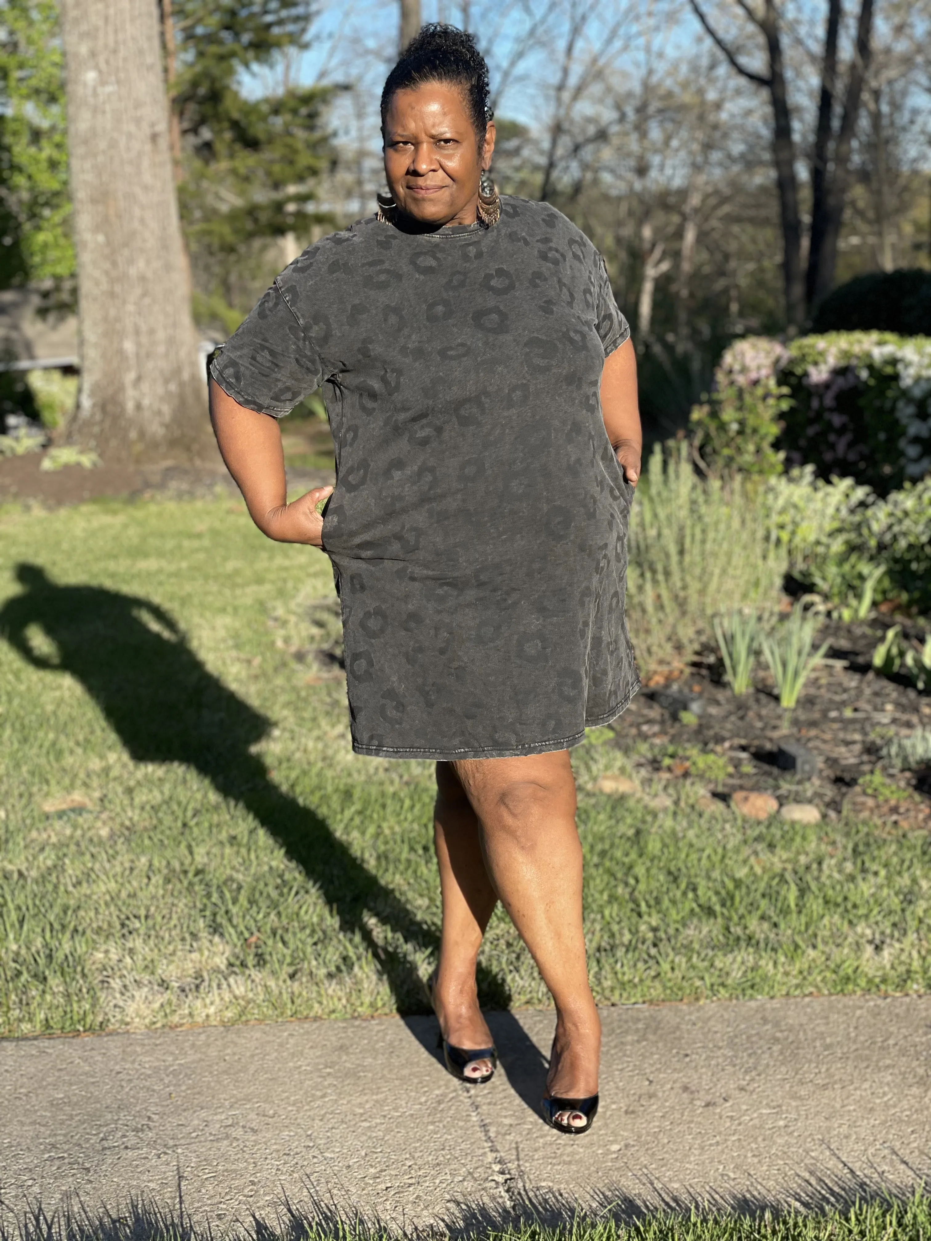 Gray Vintage Washed Leopard T-Shirt Dress with Pockets