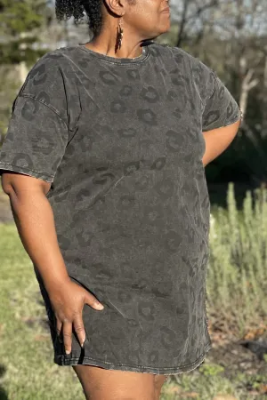 Gray Vintage Washed Leopard T-Shirt Dress with Pockets