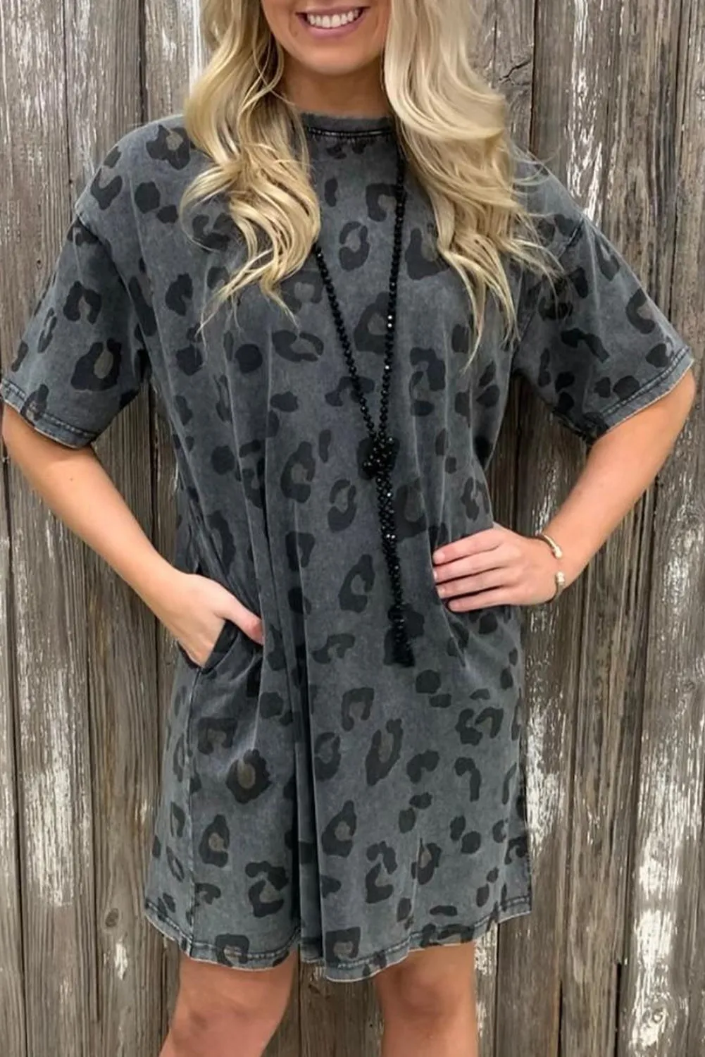 Gray Vintage Washed Leopard T-Shirt Dress with Pockets