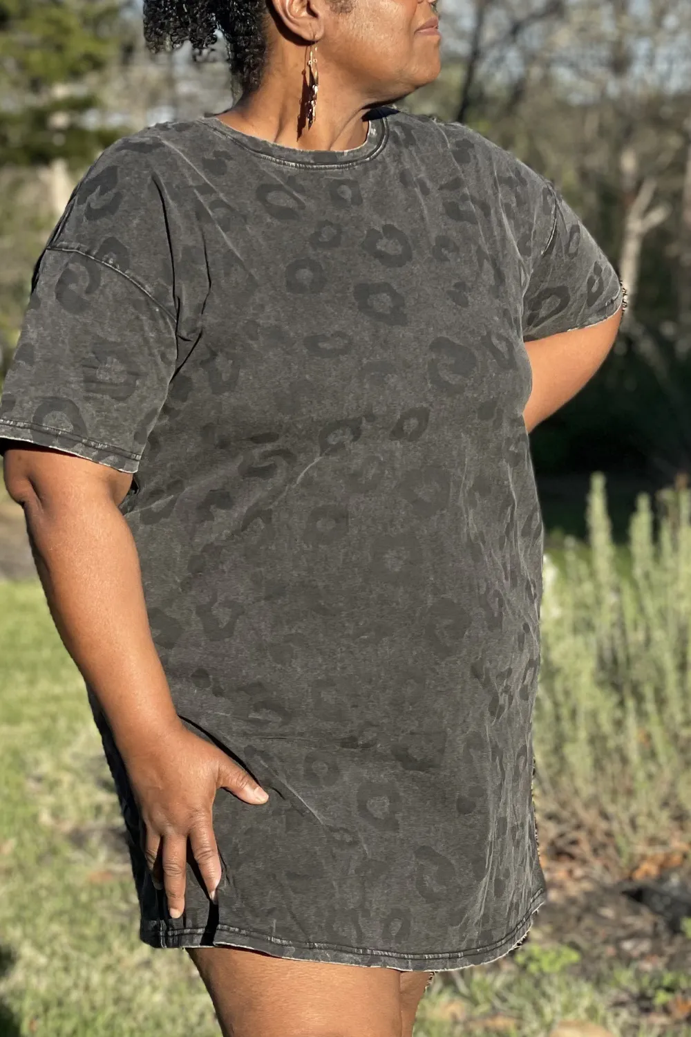 Gray Vintage Washed Leopard T-Shirt Dress with Pockets