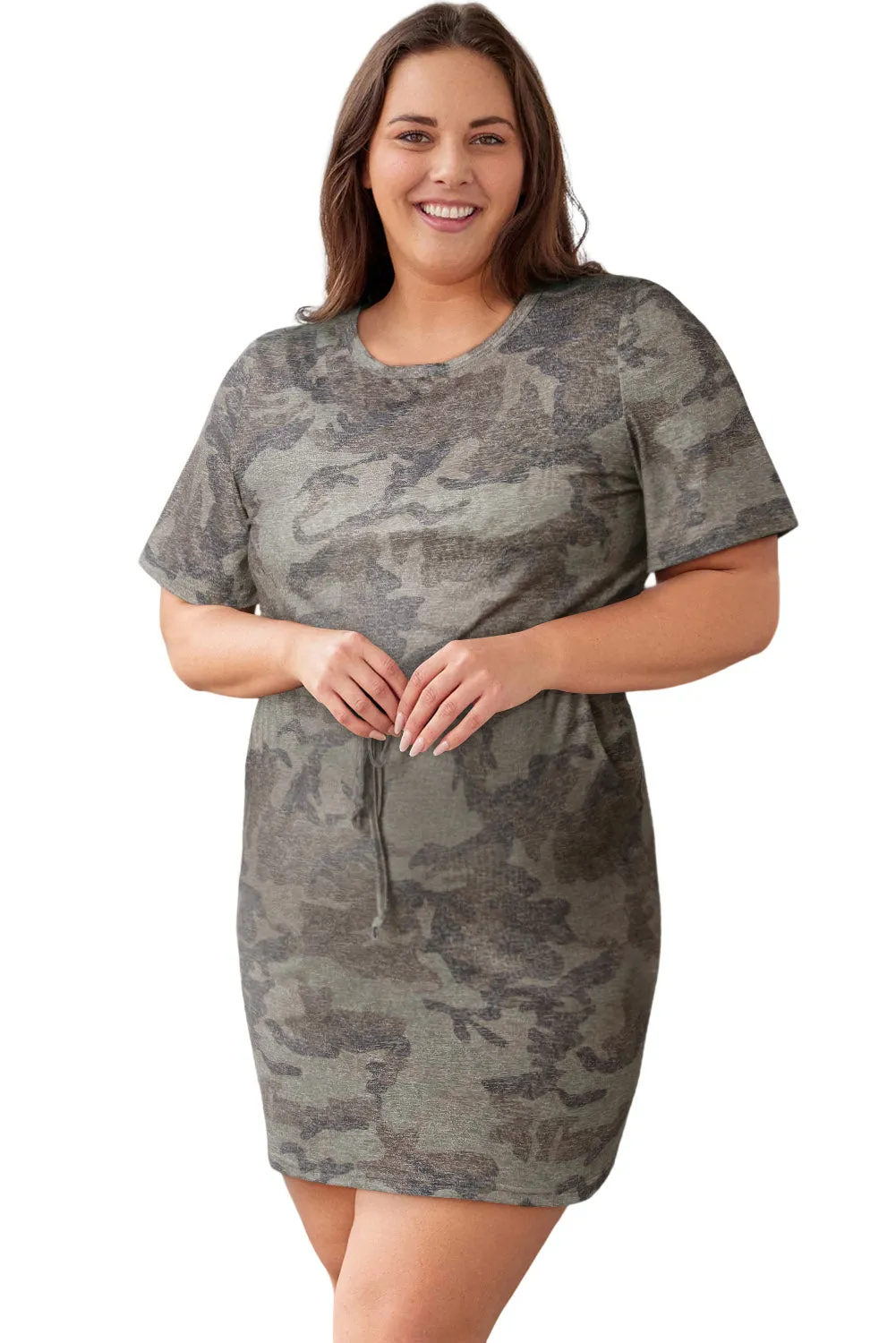 Green Plus Size Camouflage Drawstring Waist T-Shirt Dress