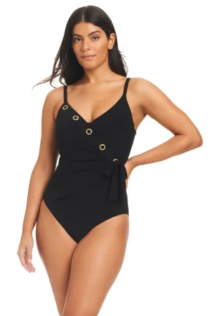 Grommets Front Wrap Tummy Control One Piece Swimsuit