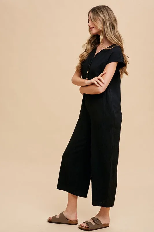 Hazel Blues® |  Annie Wear Button Detail Wide Leg Jumpsuit with Pockets