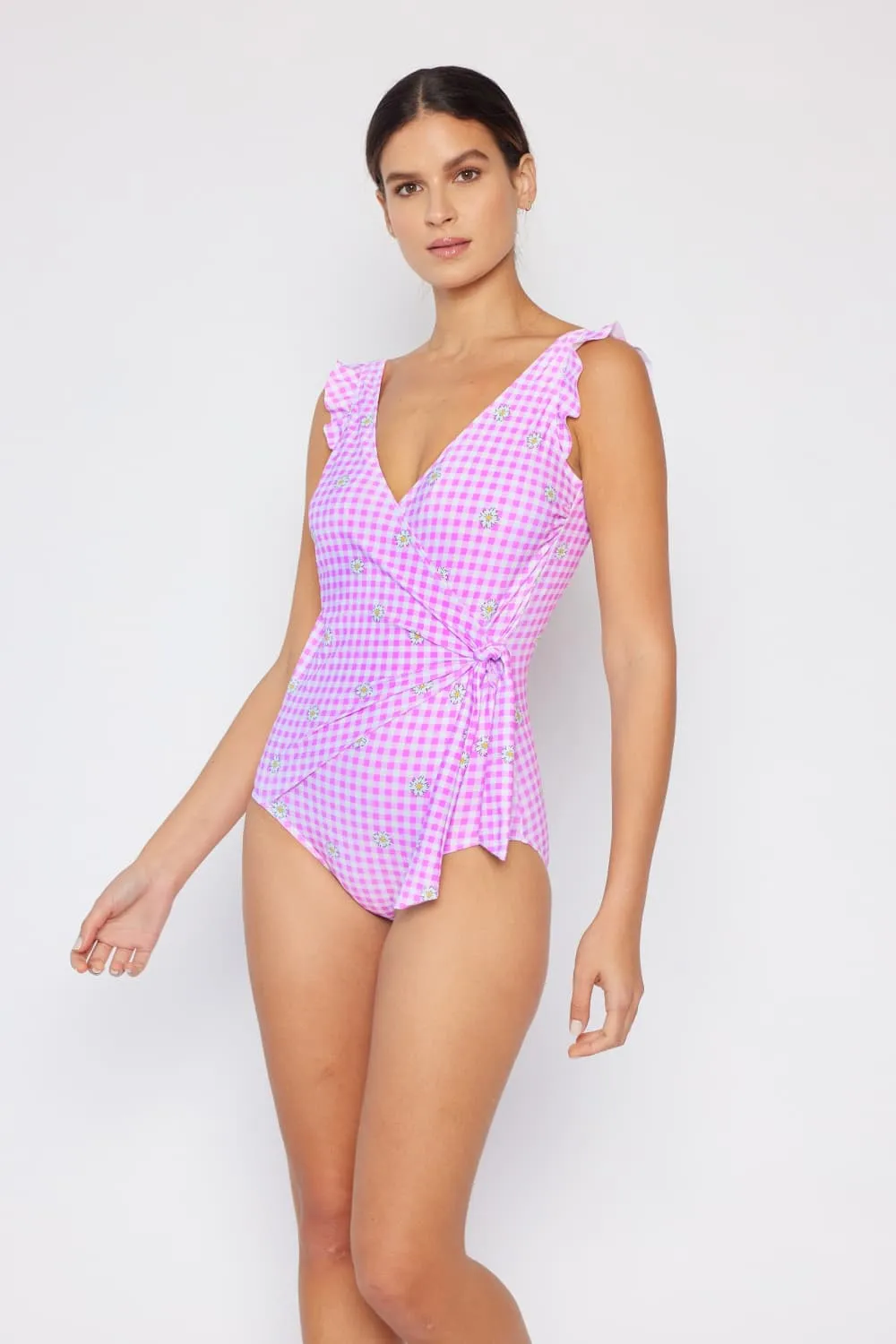 Hazel Blues® | Float On Ruffle Faux Wrap One-Piece in Carnation Pink: Adult