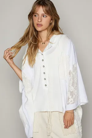 Hazel Blues® |  POL Crochet Patchwork Frayed Edge Half Button Knit Top