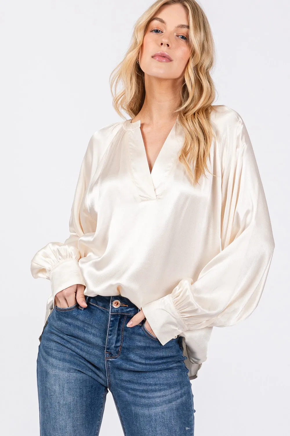 Hazel Blues® |  SAGE   FIG Notched Long Sleeve Blouse