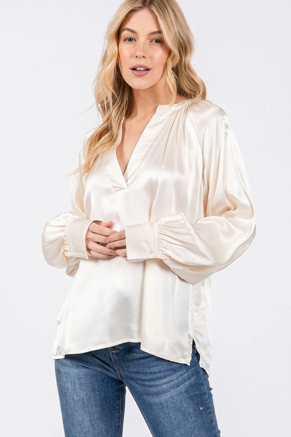 Hazel Blues® |  SAGE   FIG Notched Long Sleeve Blouse