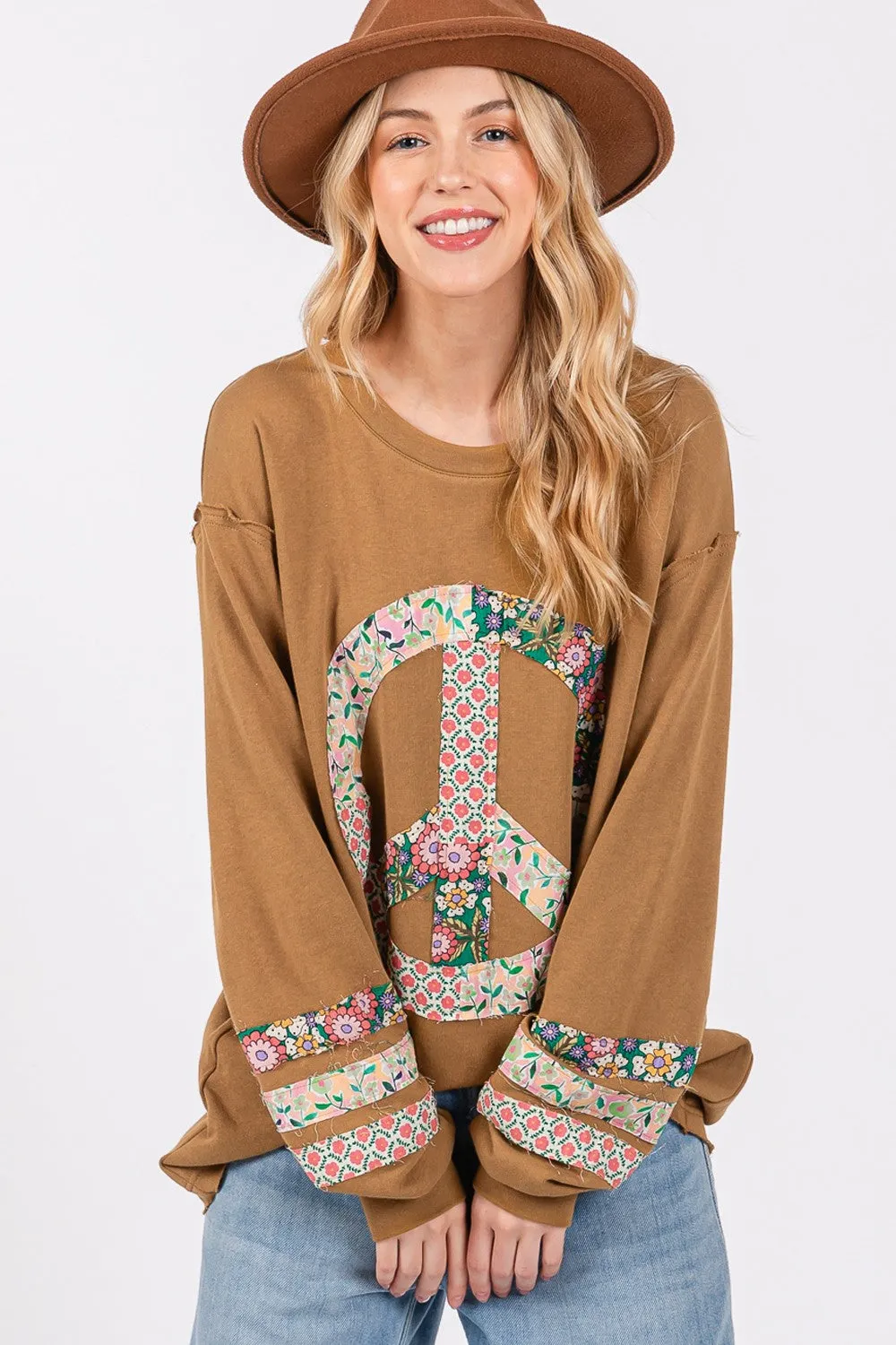 Hazel Blues® |  SAGE   FIG Peace Applique Patch Long Sleeve Top