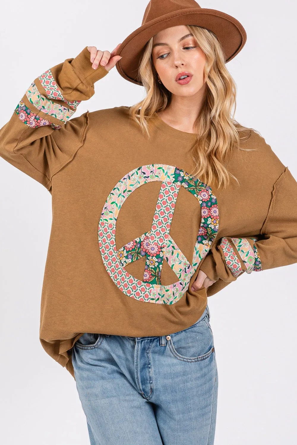 Hazel Blues® |  SAGE   FIG Peace Applique Patch Long Sleeve Top