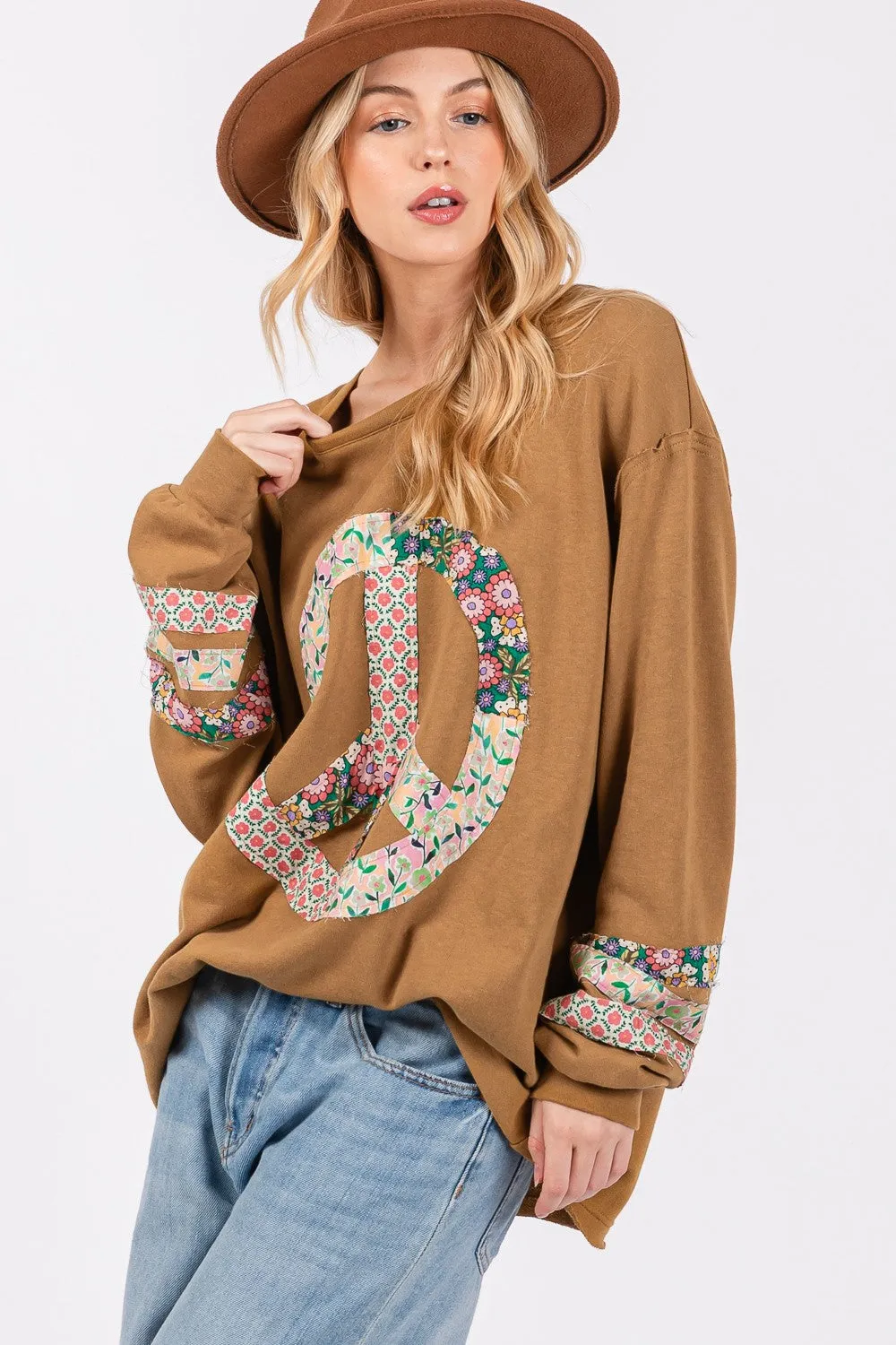 Hazel Blues® |  SAGE   FIG Peace Applique Patch Long Sleeve Top