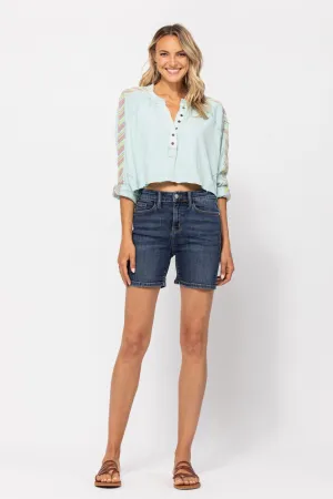 Hi Rise Mid Length Shorts Dark Wash