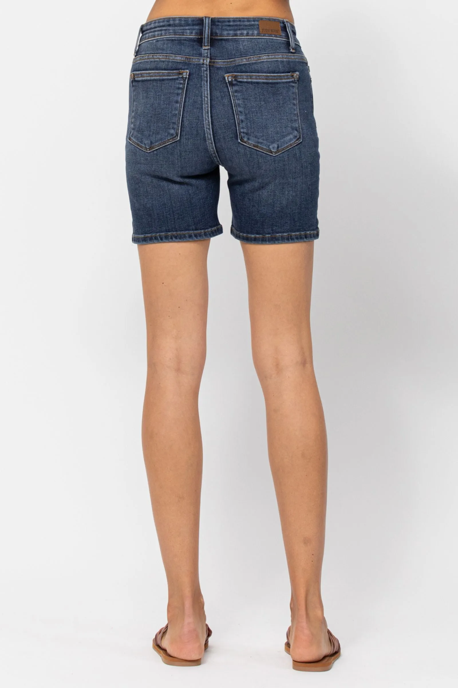 Hi Rise Mid Length Shorts Dark Wash