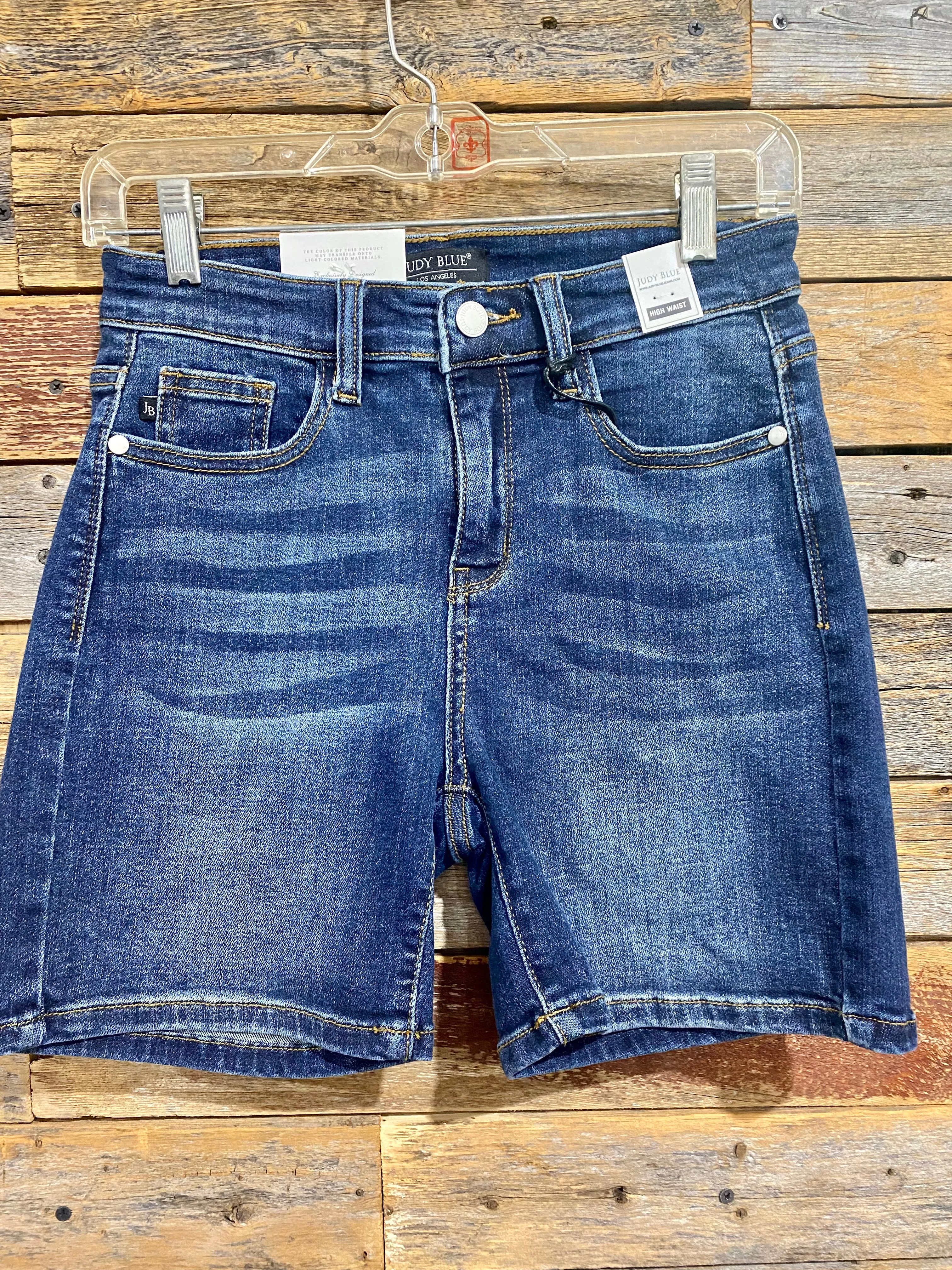 Hi Rise Mid Length Shorts Dark Wash