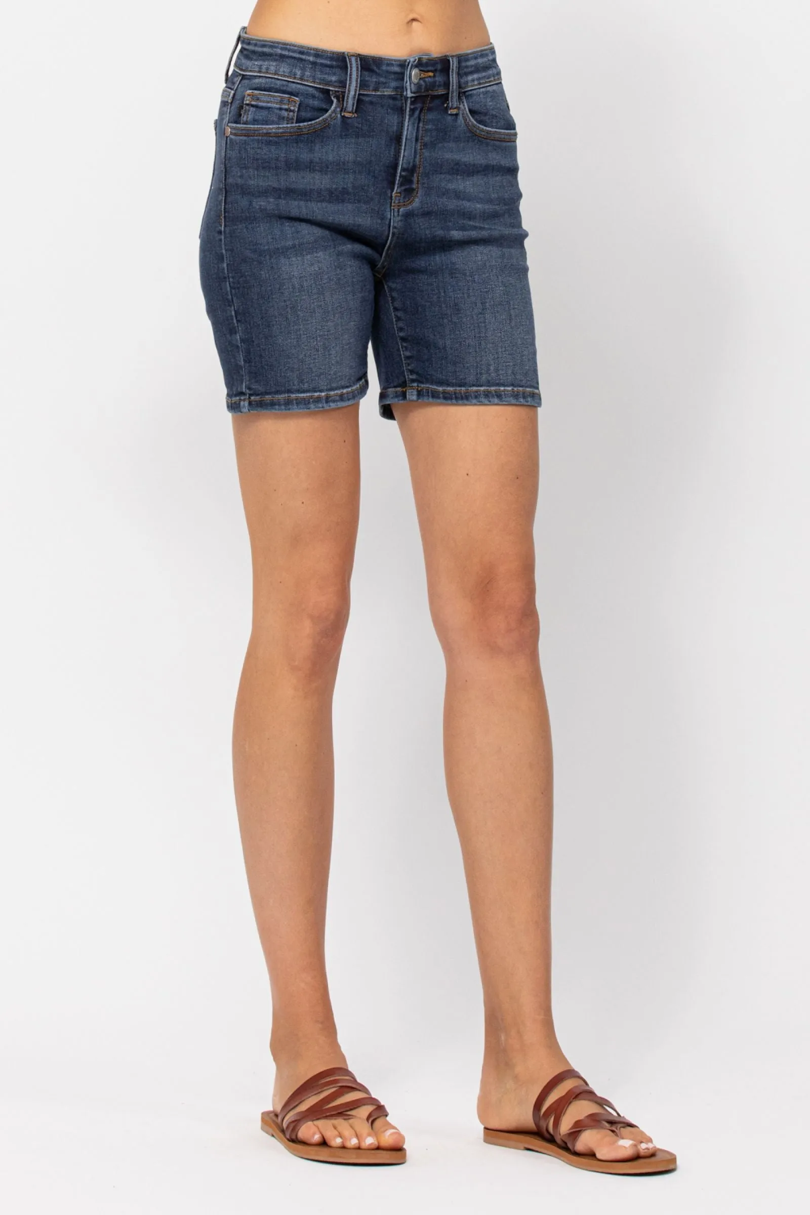 Hi Rise Mid Length Shorts Dark Wash