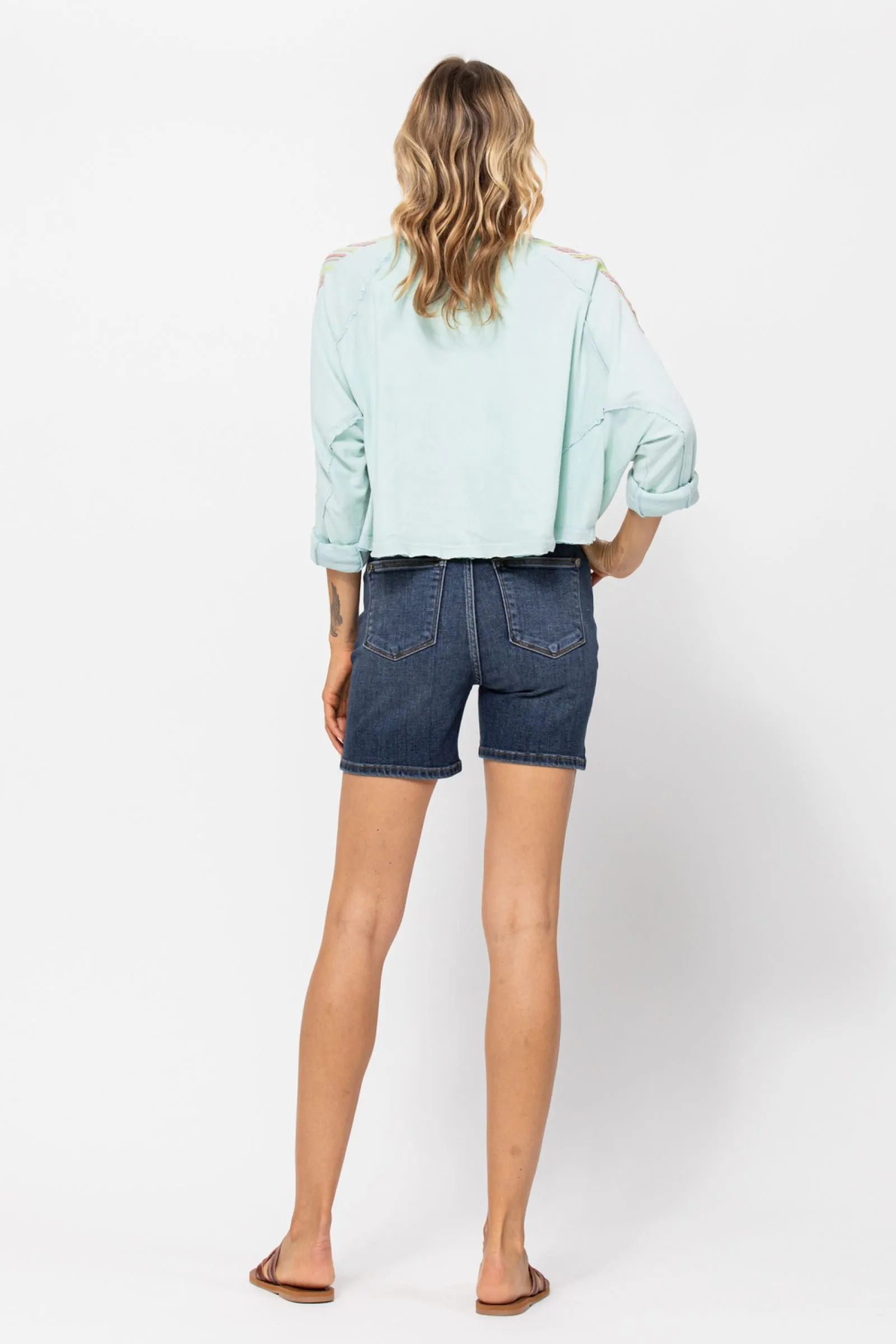 Hi Rise Mid Length Shorts Dark Wash