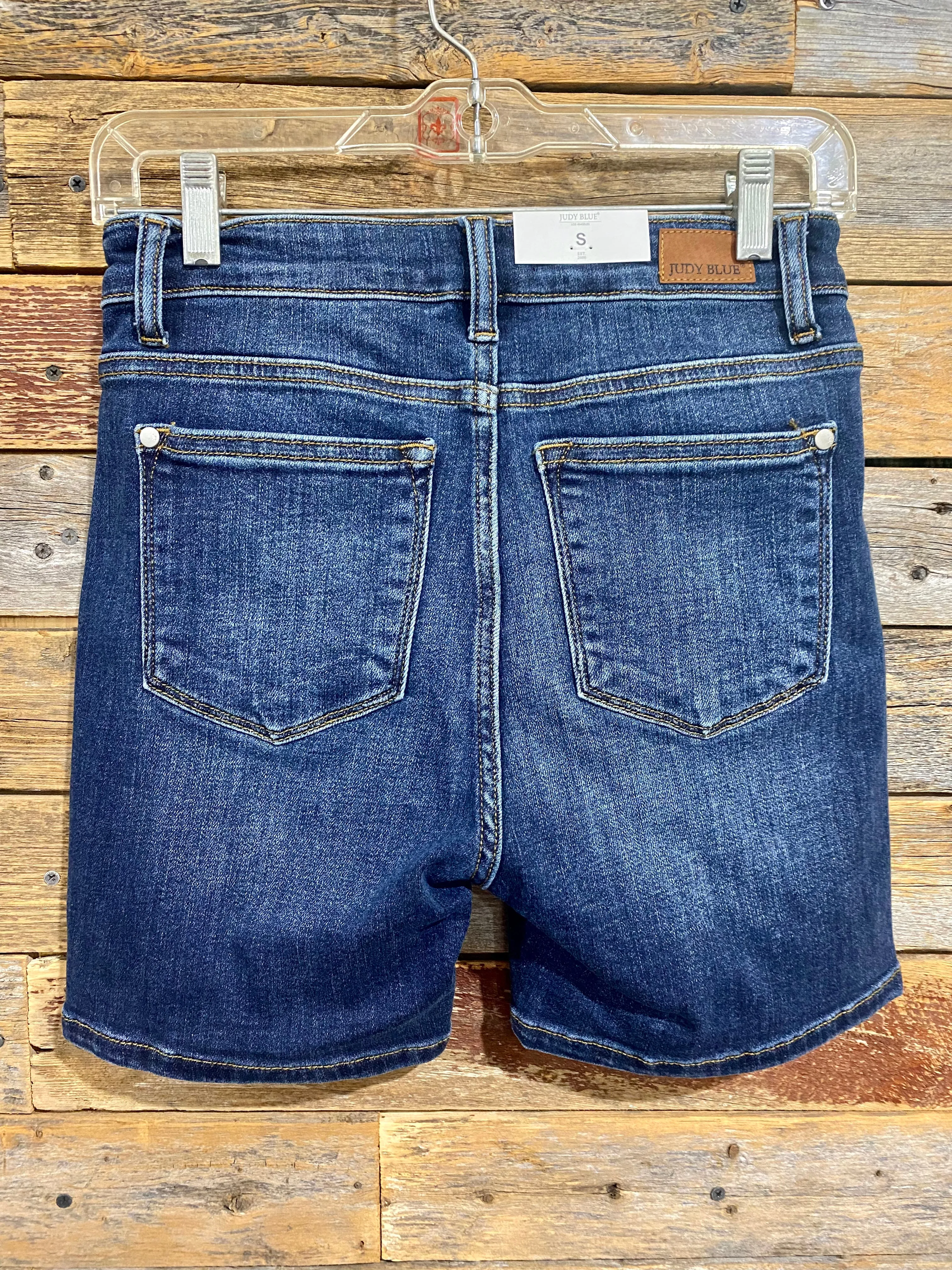 Hi Rise Mid Length Shorts Dark Wash