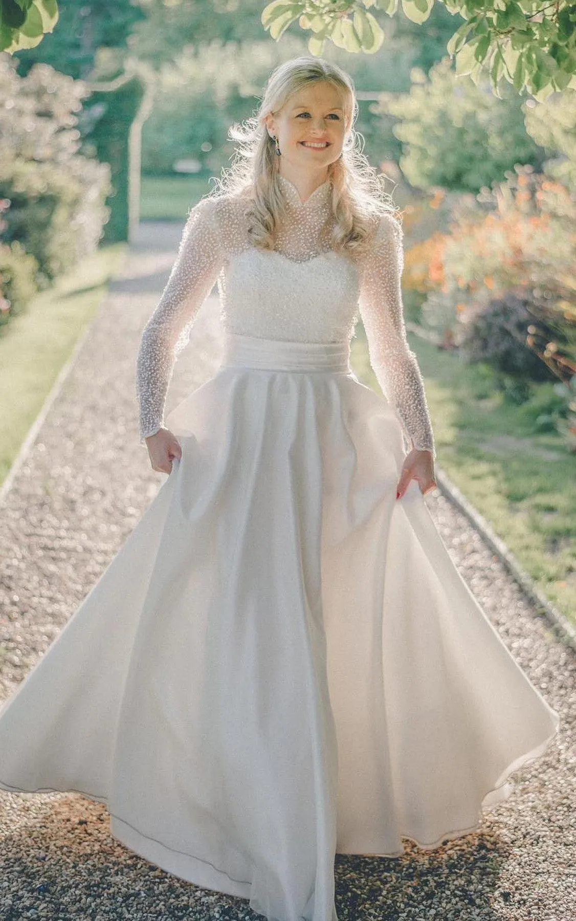 High Neck A-Line Satin Modest Wedding Dress With Long Sleeve Sequins-716597