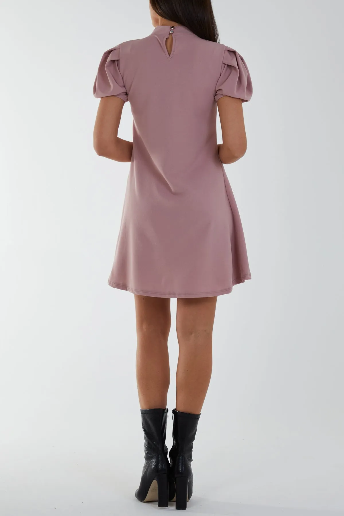 High Neck Puff Sleeve Mini Shift Dress