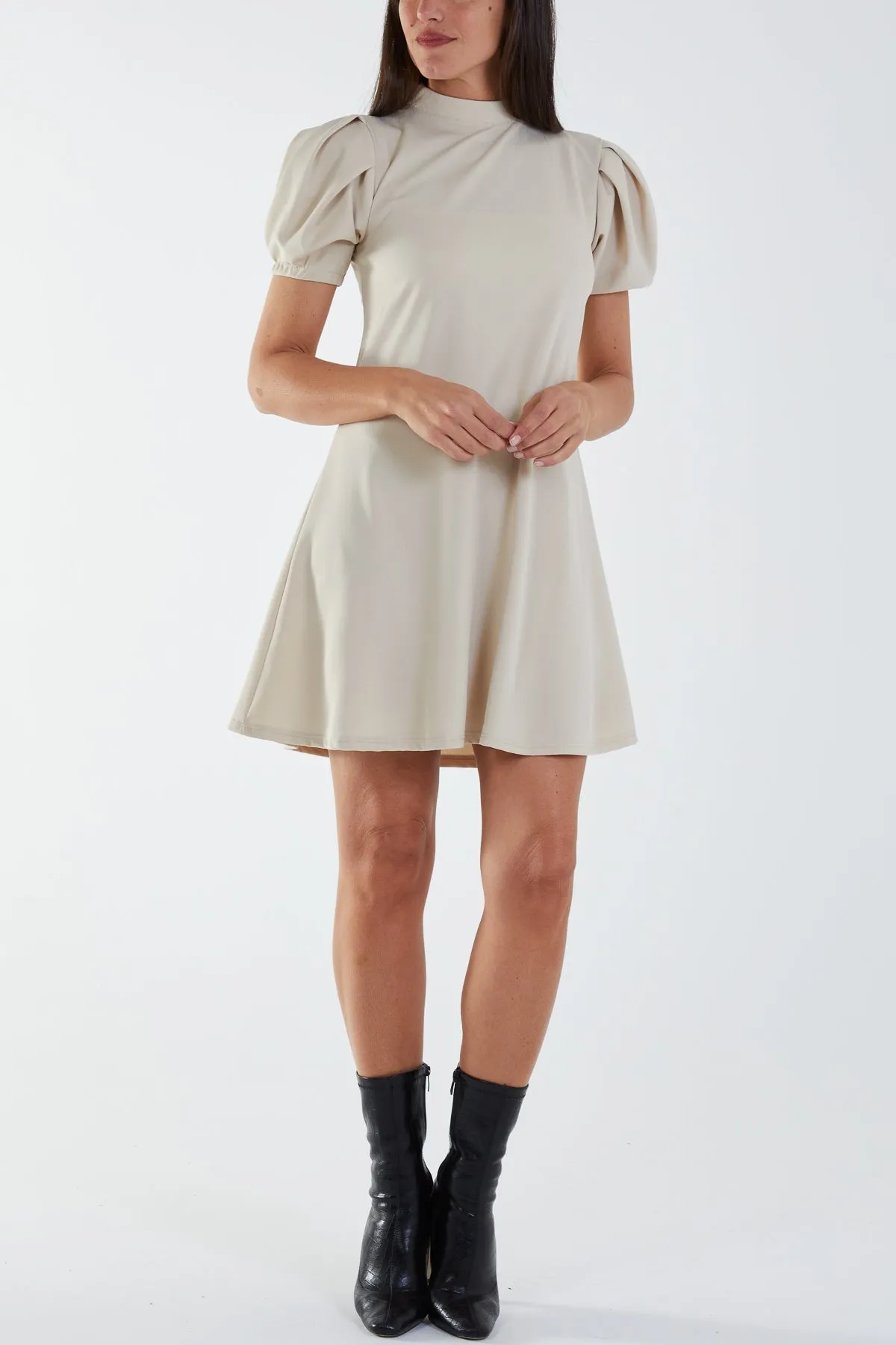 High Neck Puff Sleeve Mini Shift Dress