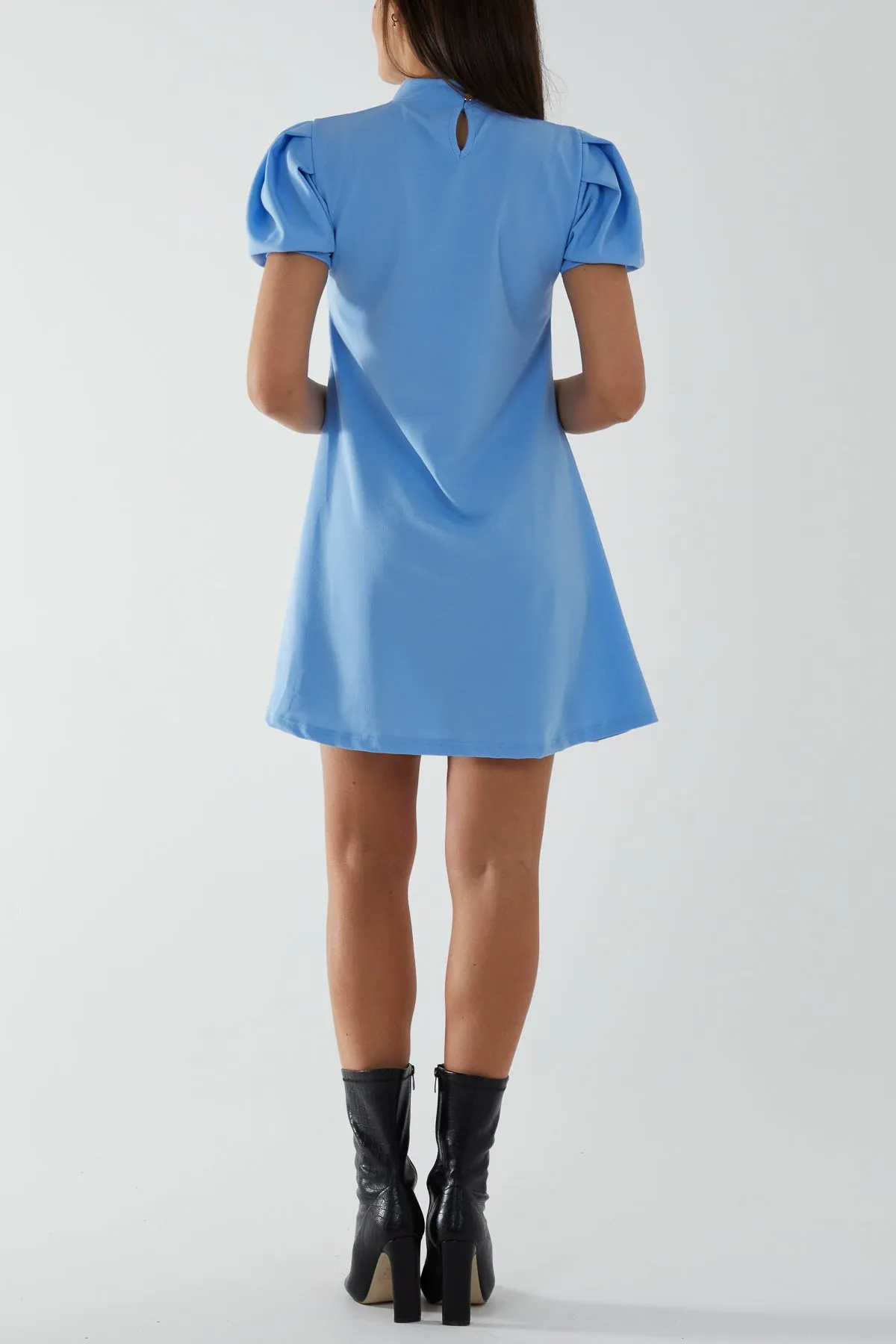 High Neck Puff Sleeve Mini Shift Dress