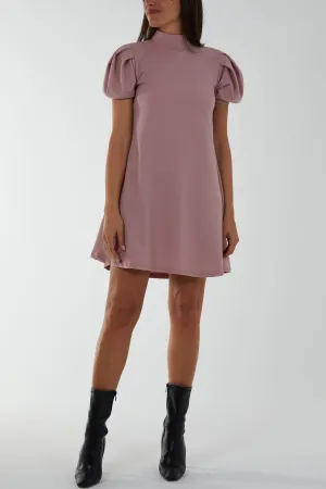 High Neck Puff Sleeve Mini Shift Dress