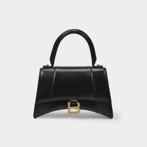Hourglass Top Handle S Bag in Black Shiny Leather