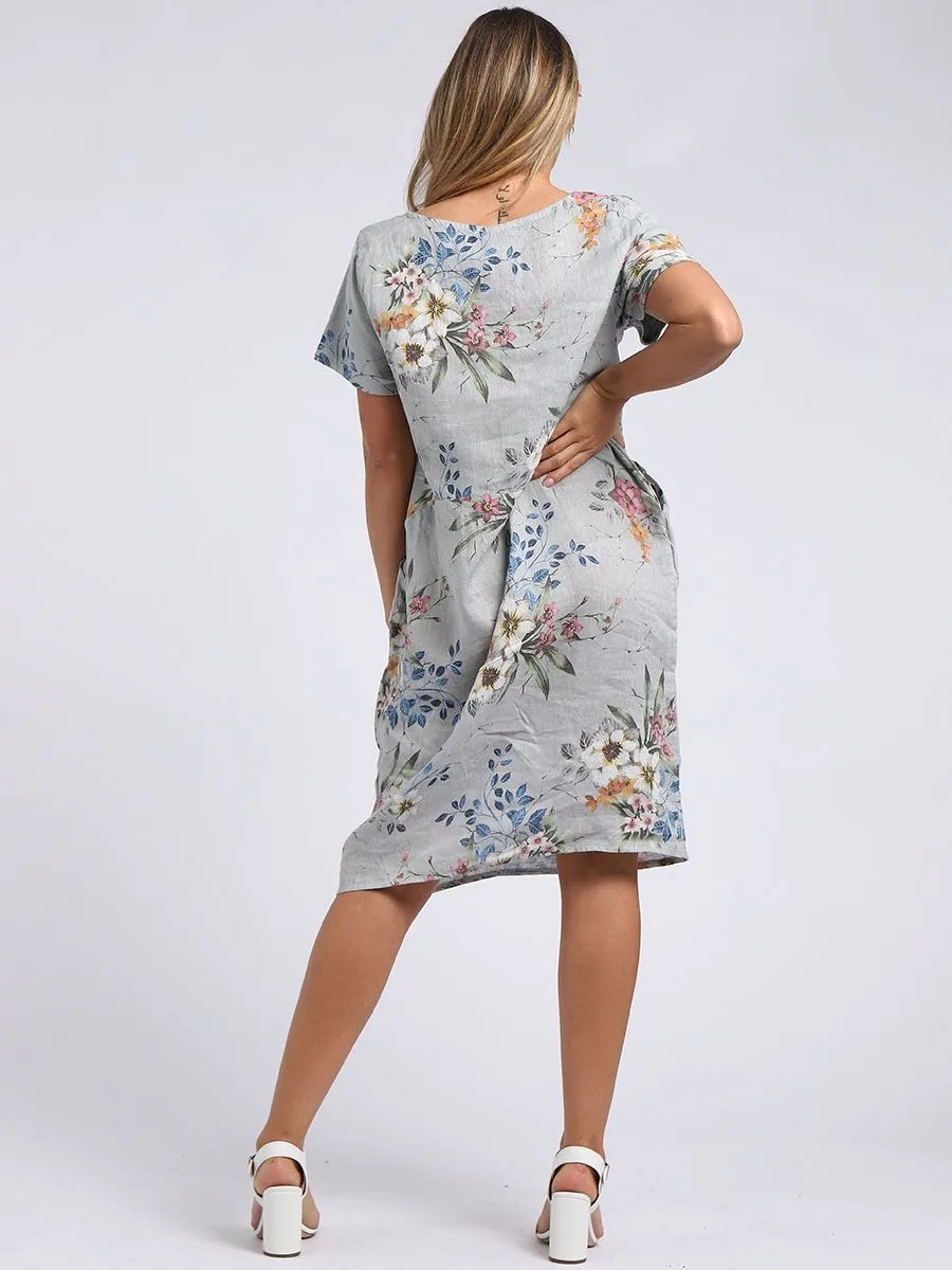 Italian Classic Shift Bouquet Silver Linen Dress Sz 10-16