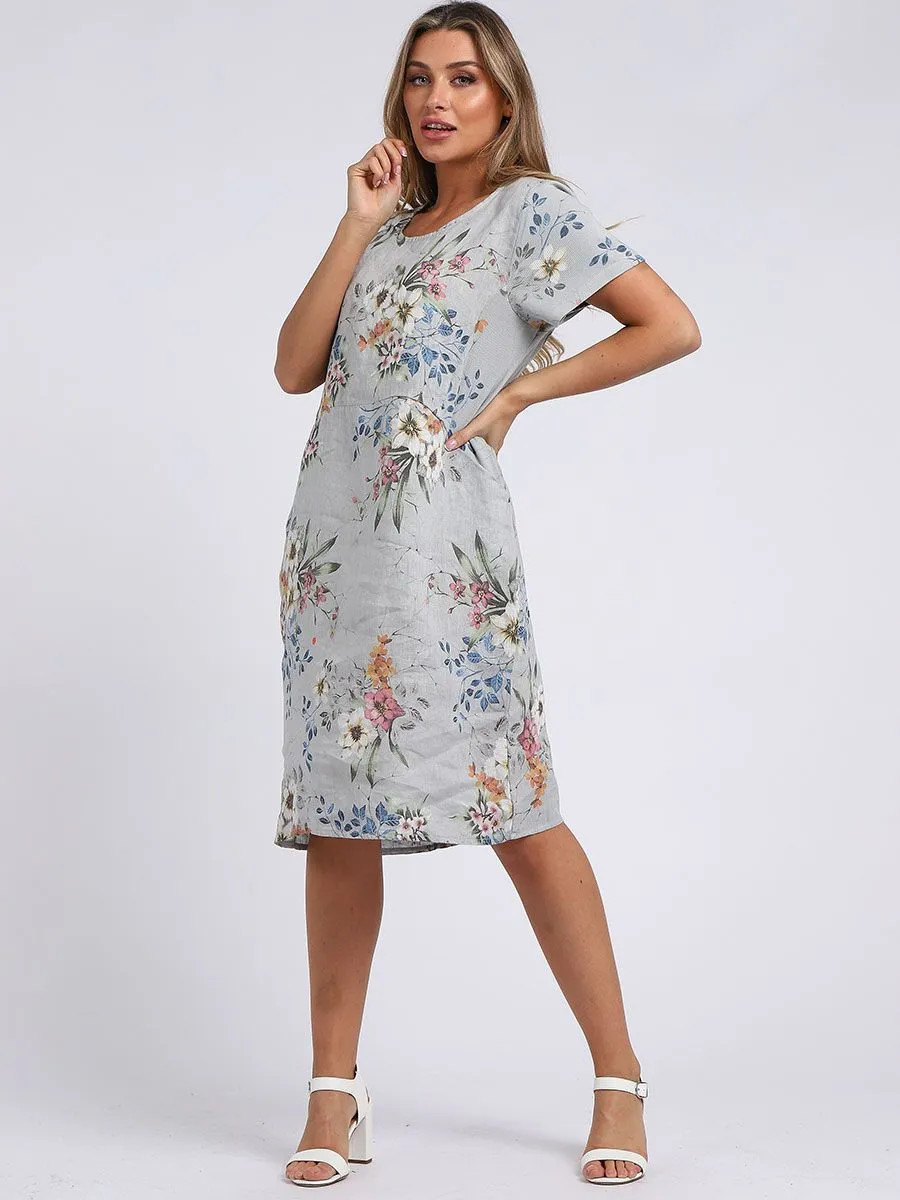 Italian Classic Shift Bouquet Silver Linen Dress Sz 10-16