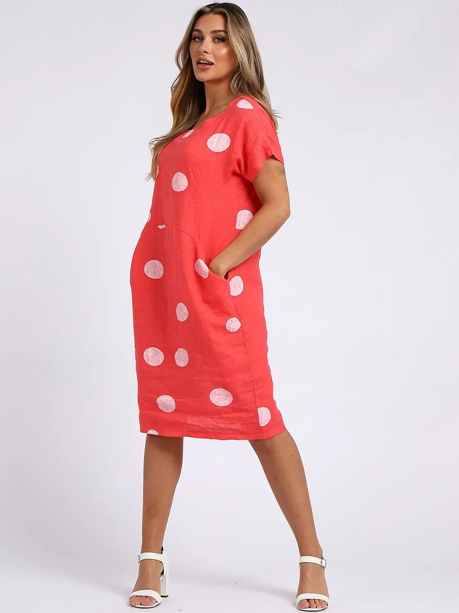 Italian Straight Shift Dotty Coral Linen Dress Sz 10-16