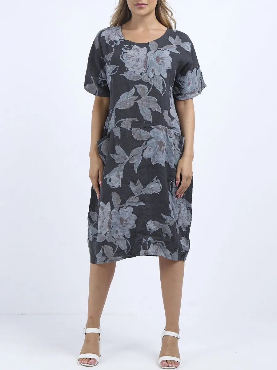 Italian Straight Shift Pastel Floral Charcoal Linen Dress Sz 12-18