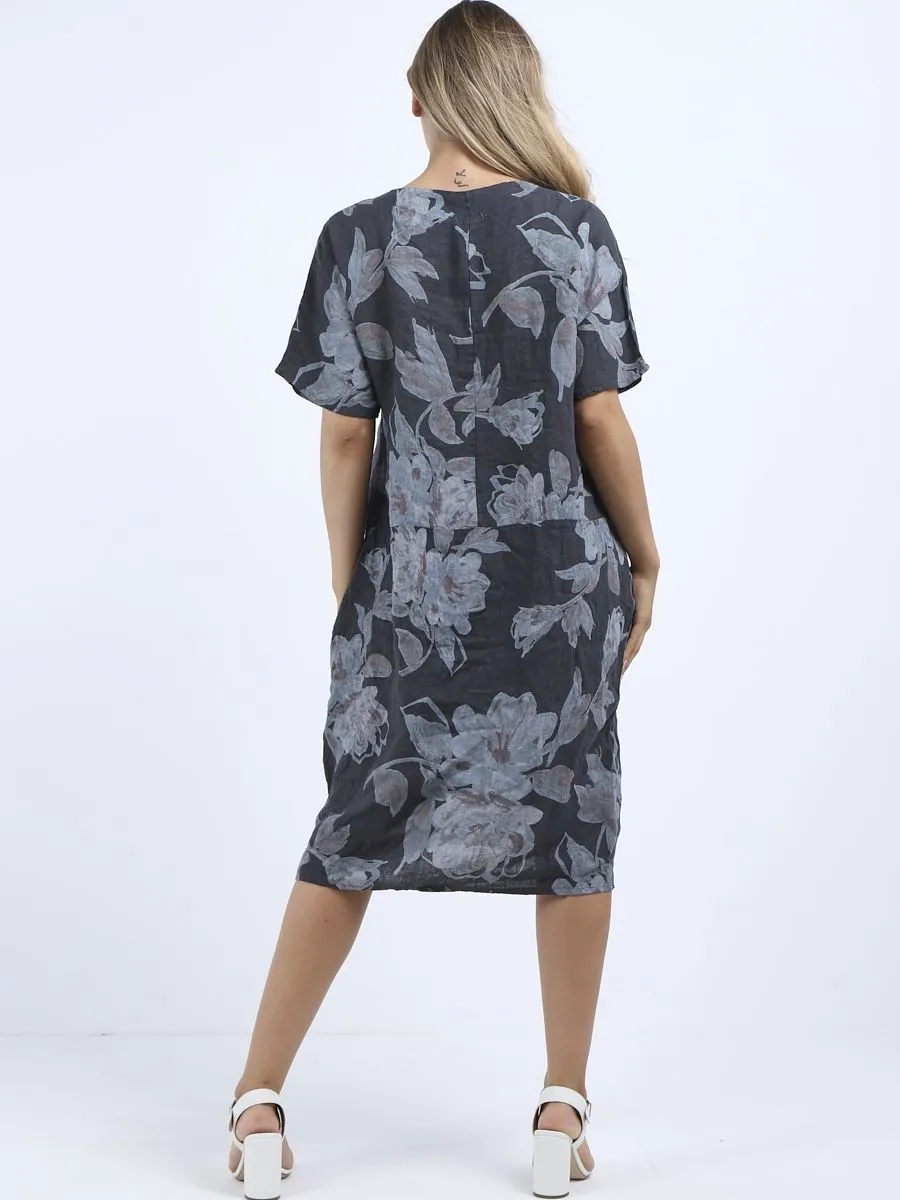 Italian Straight Shift Pastel Floral Charcoal Linen Dress Sz 12-18