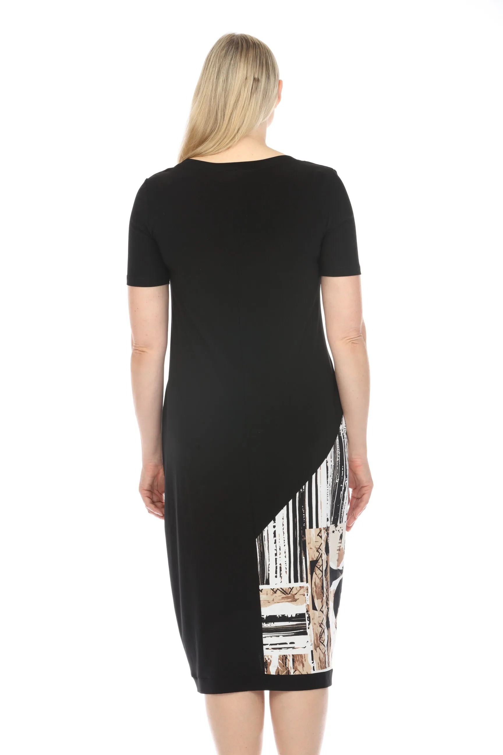 Joseph Ribkoff Black/Multi Abstract Print Short Sleeve Midi Cocoon T-Shirt Dress 241055