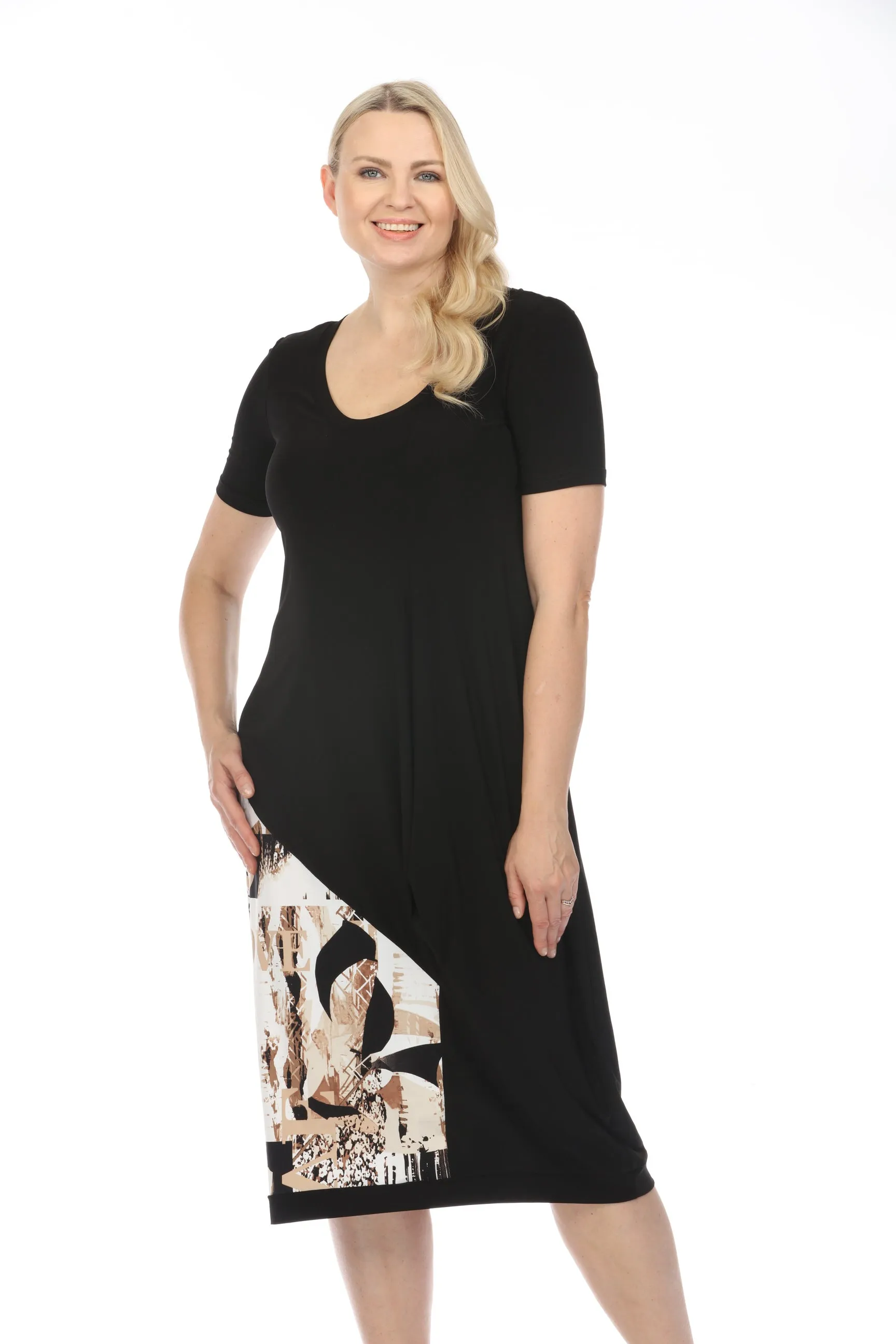 Joseph Ribkoff Black/Multi Abstract Print Short Sleeve Midi Cocoon T-Shirt Dress 241055