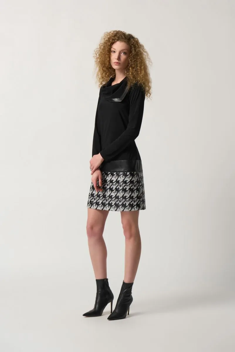 Joseph Ribkoff Black/White Houndstooth Faux Leather Drop Waist Shift Dress 233130