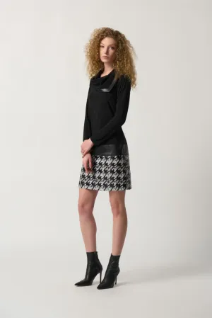 Joseph Ribkoff Black/White Houndstooth Faux Leather Drop Waist Shift Dress 233130