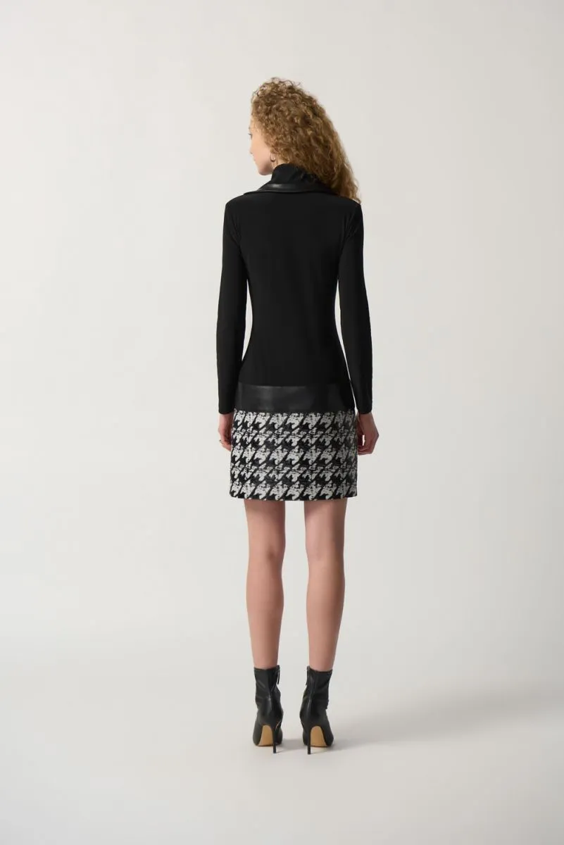 Joseph Ribkoff Black/White Houndstooth Faux Leather Drop Waist Shift Dress 233130
