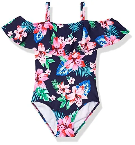 Kanu Surf Girls UPF 50  Beach Sport Off Shoulder One Piece Swimsuit, Peggy Navy, 8