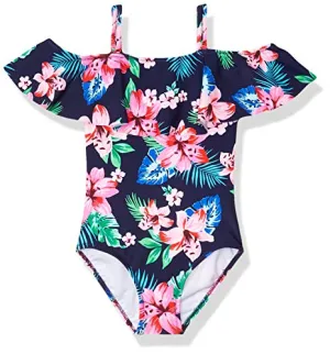 Kanu Surf Girls UPF 50  Beach Sport Off Shoulder One Piece Swimsuit, Peggy Navy, 8