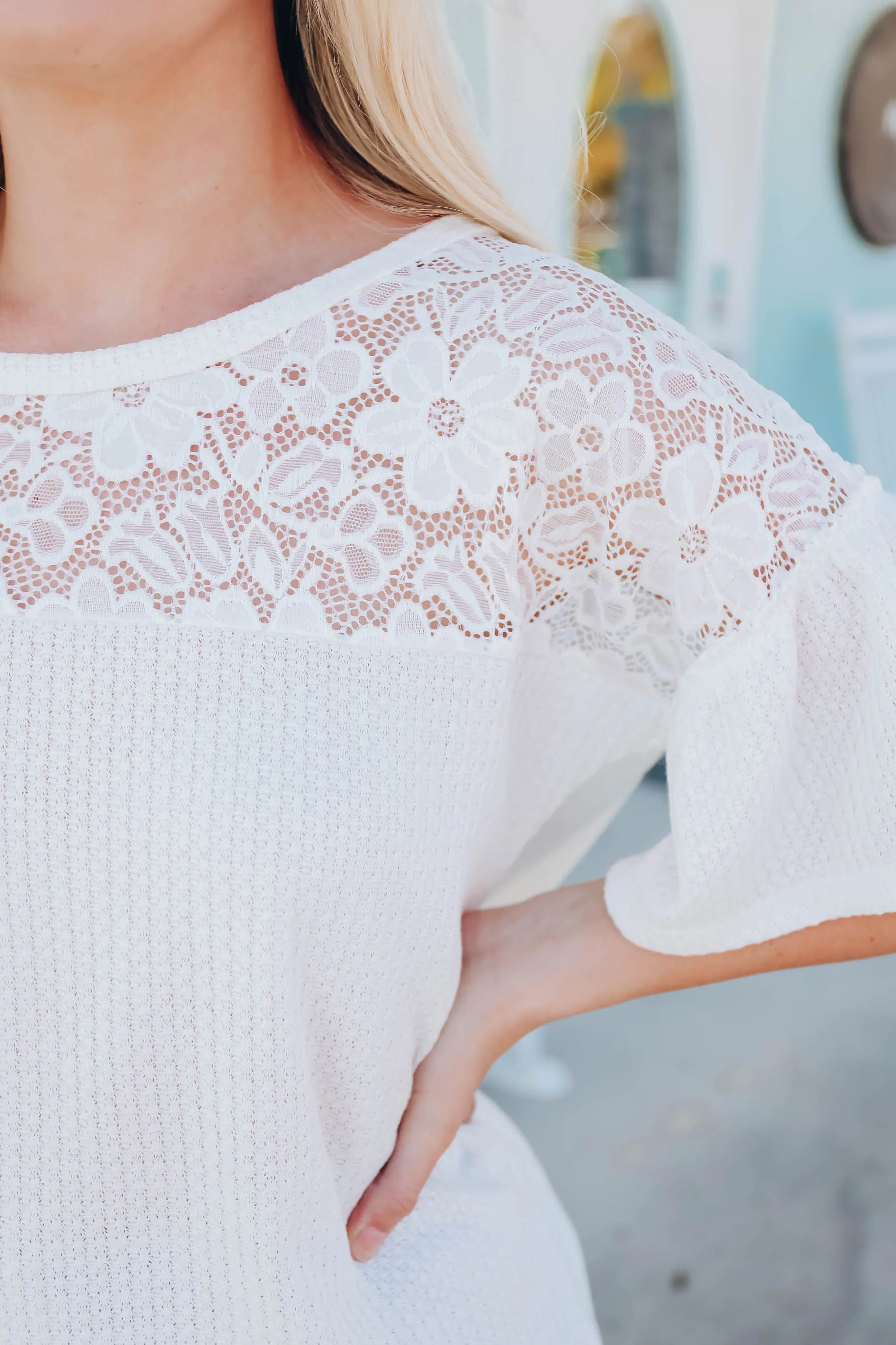 Kayla Lace and Waffle Top - Ivory - FS