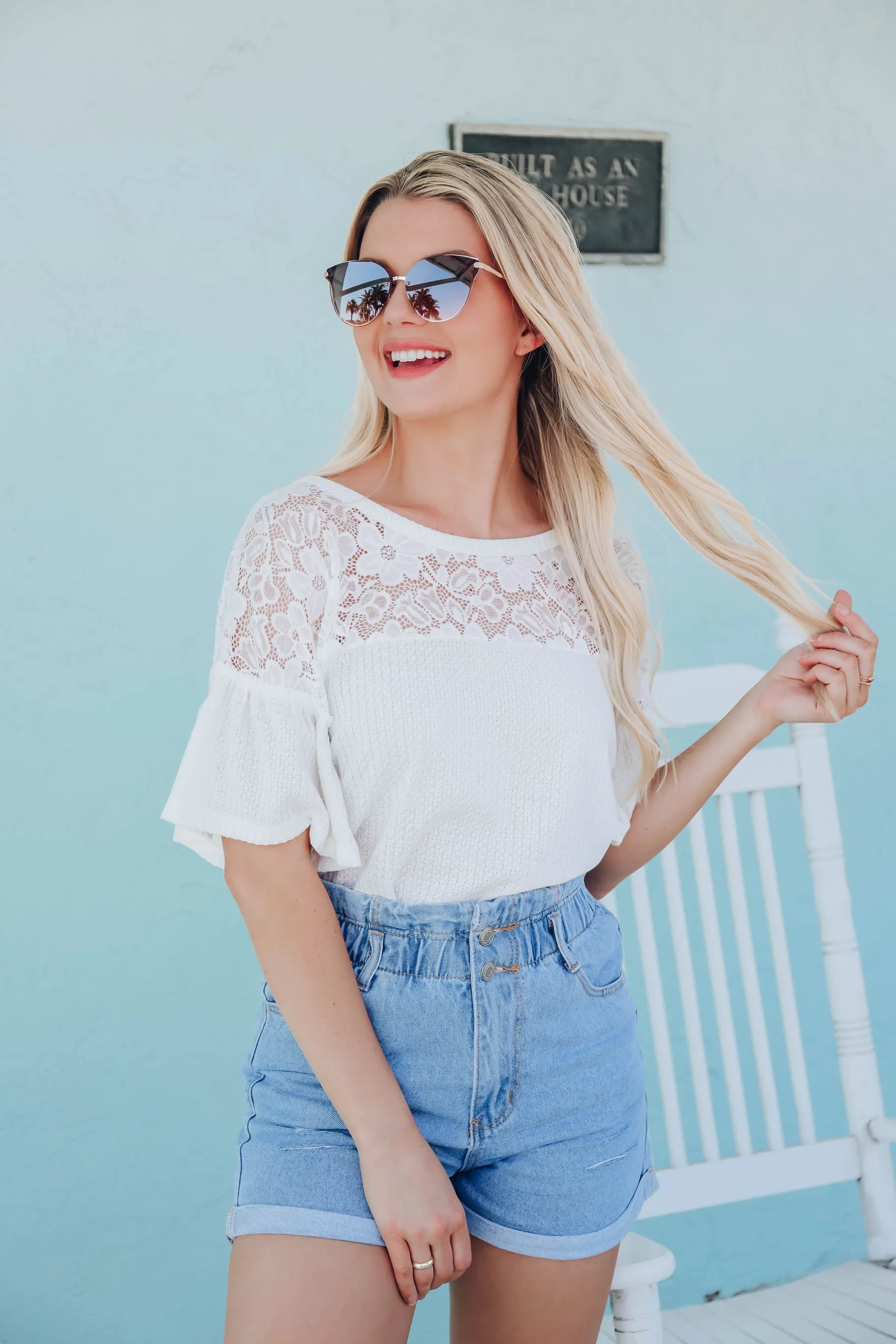 Kayla Lace and Waffle Top - Ivory - FS