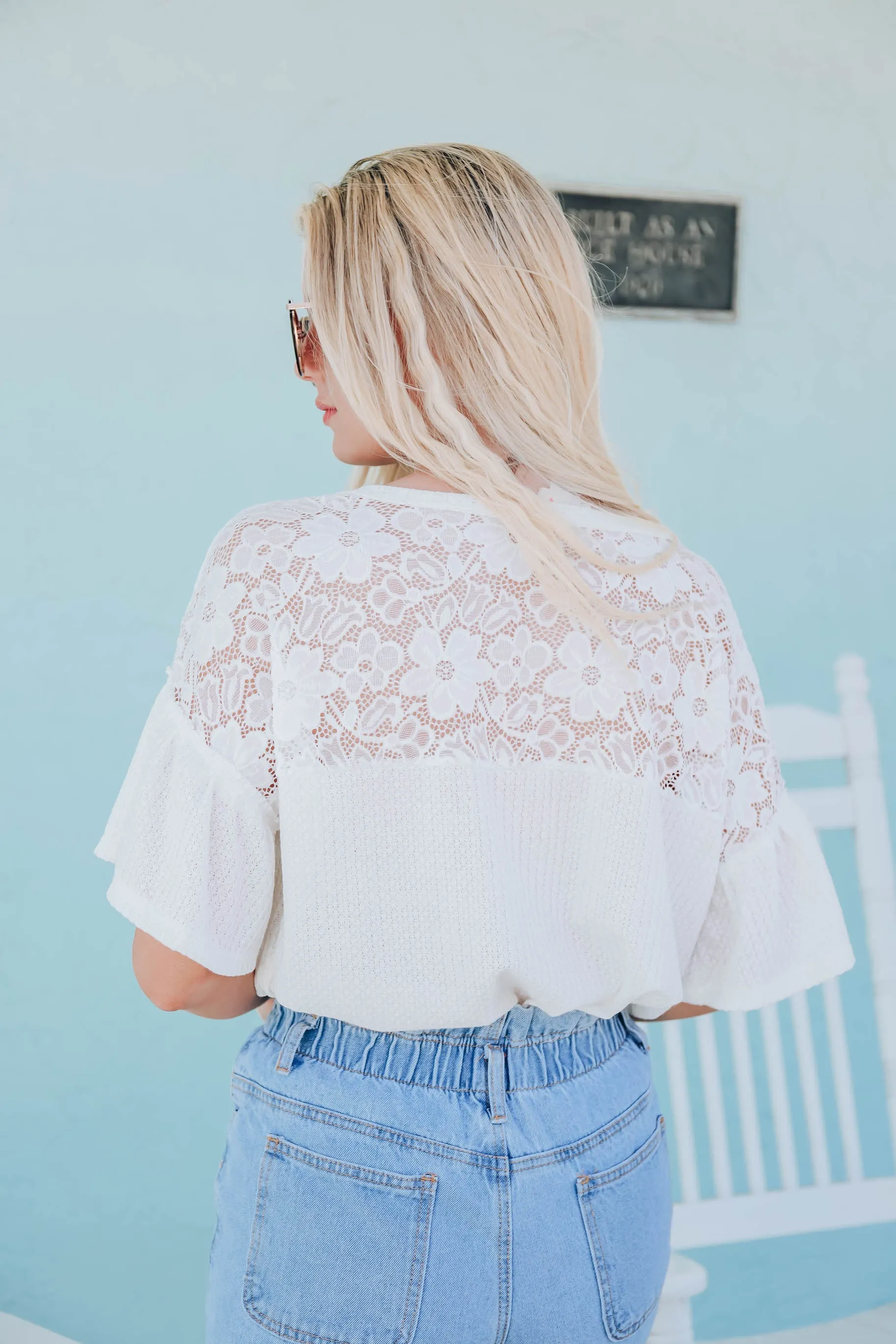Kayla Lace and Waffle Top - Ivory - FS